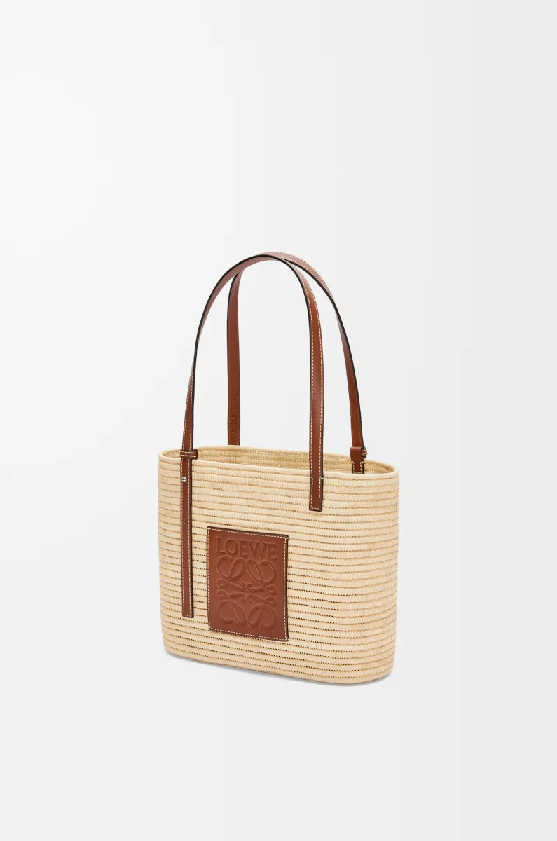 小号拉菲草和牛皮革 Square Basket 手袋