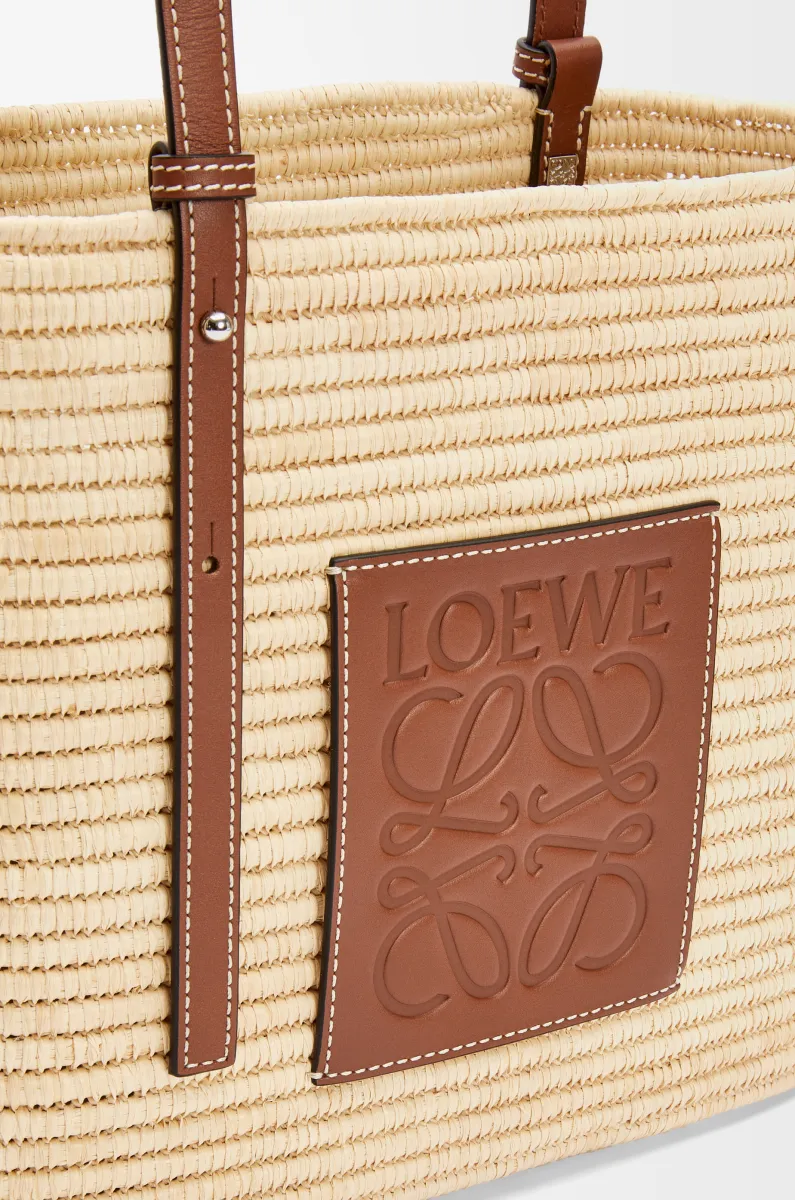 小号拉菲草和牛皮革 Square Basket 手袋