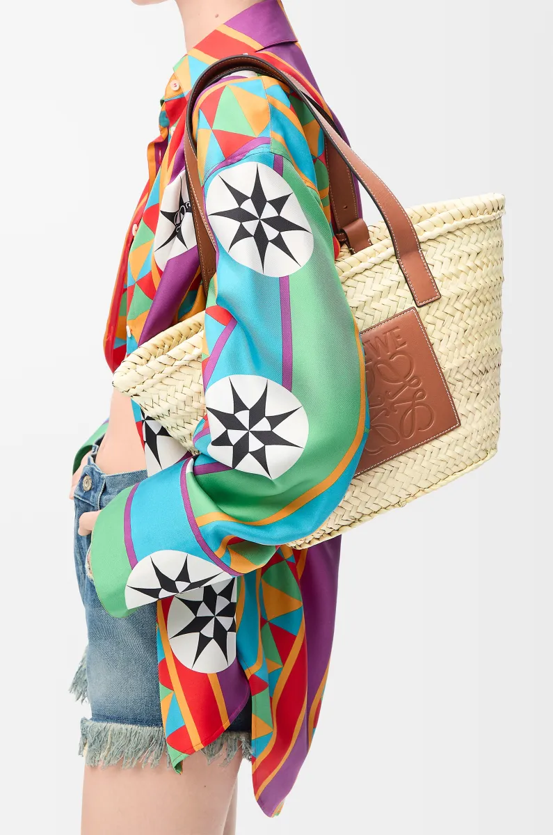 棕榈叶和牛皮革 Basket 手袋