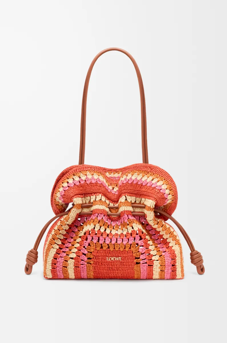 中号拉菲草和牛皮革 Flamenco 手拿包