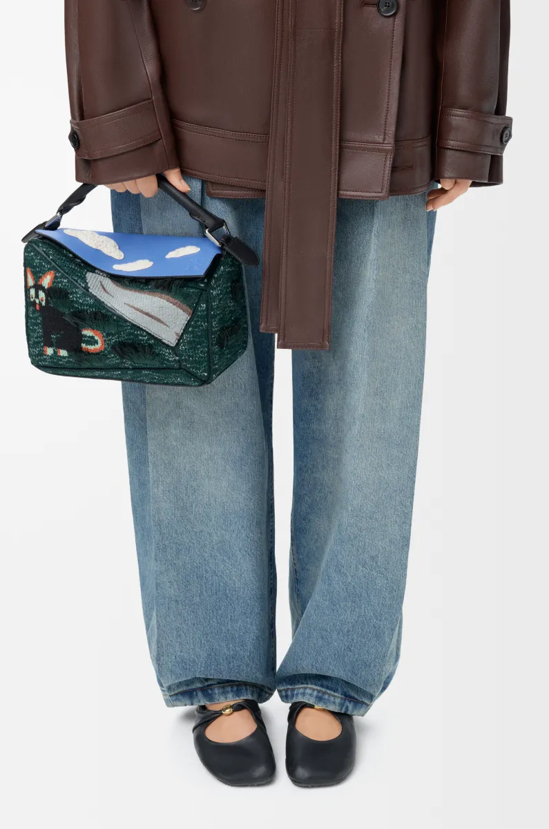 小号刺绣针织和经典牛皮革 Puzzle 手袋