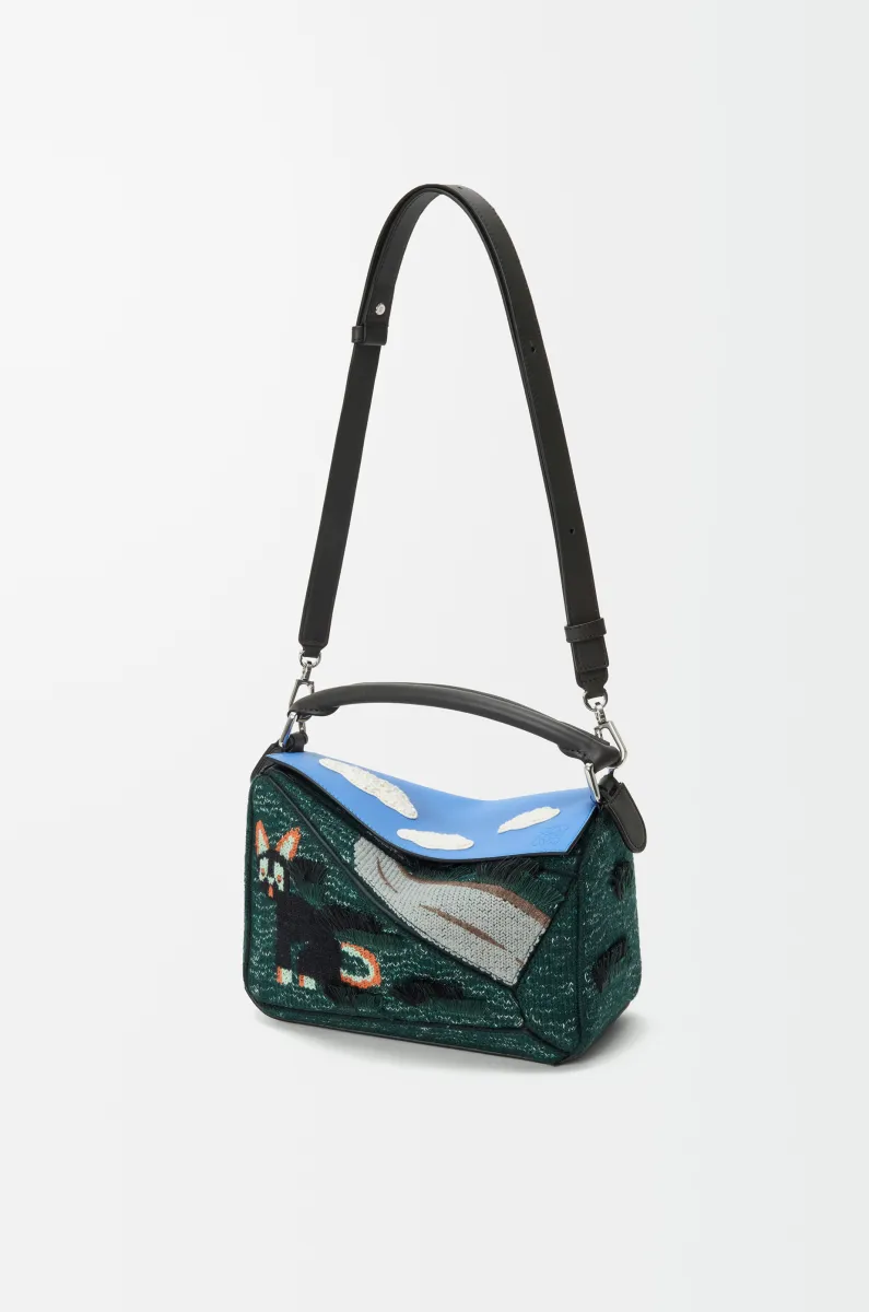 小号刺绣针织和经典牛皮革 Puzzle 手袋