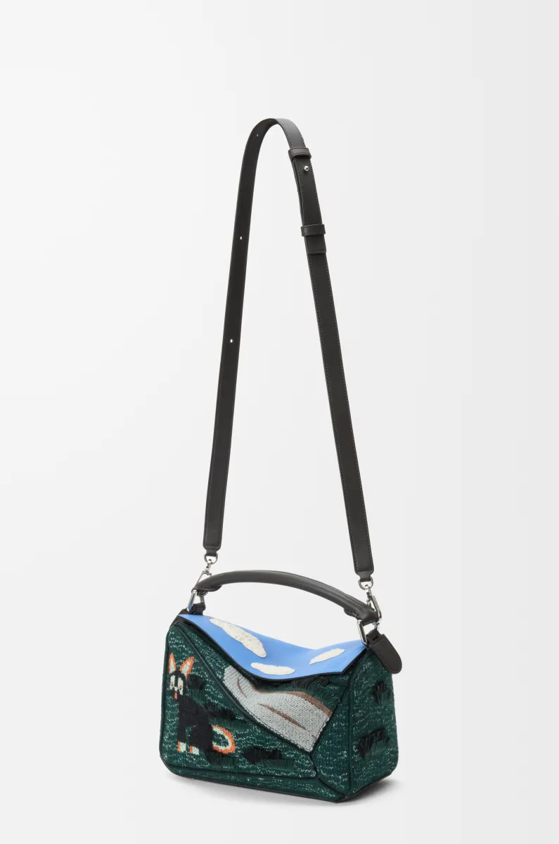 小号刺绣针织和经典牛皮革 Puzzle 手袋