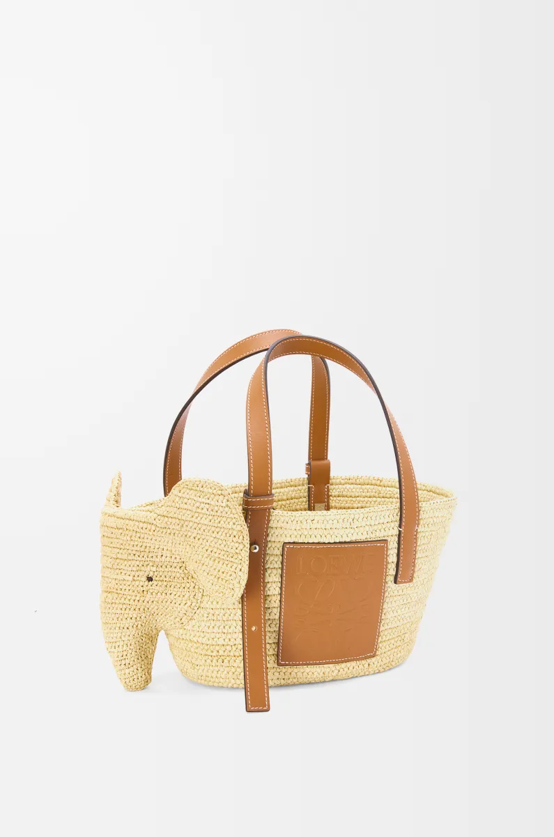 小号拉菲草和牛皮革小象 Basket 手袋