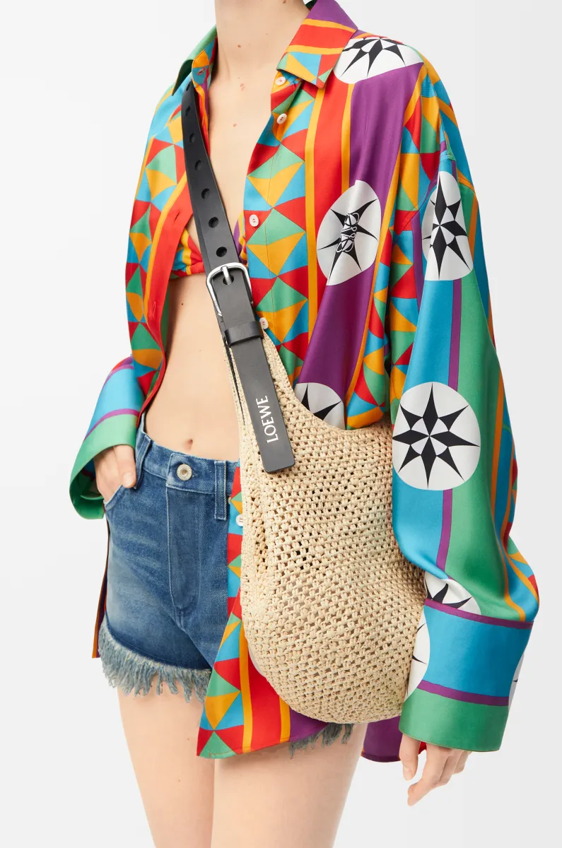 小号拉菲草和牛皮革 Punch Hole Hobo 手袋