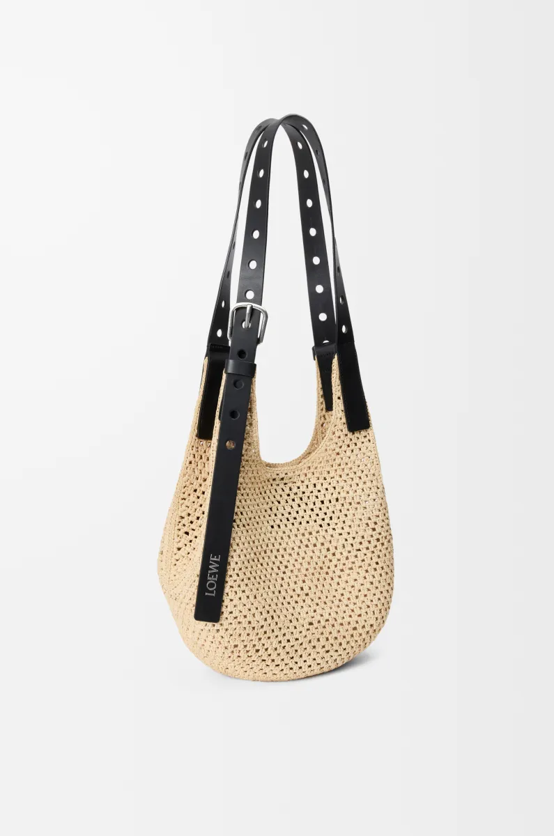 小号拉菲草和牛皮革 Punch Hole Hobo 手袋