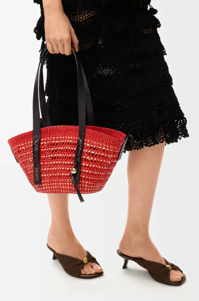 小号伊拉卡棕榈纤维和牛皮革 Braid Basket 手袋