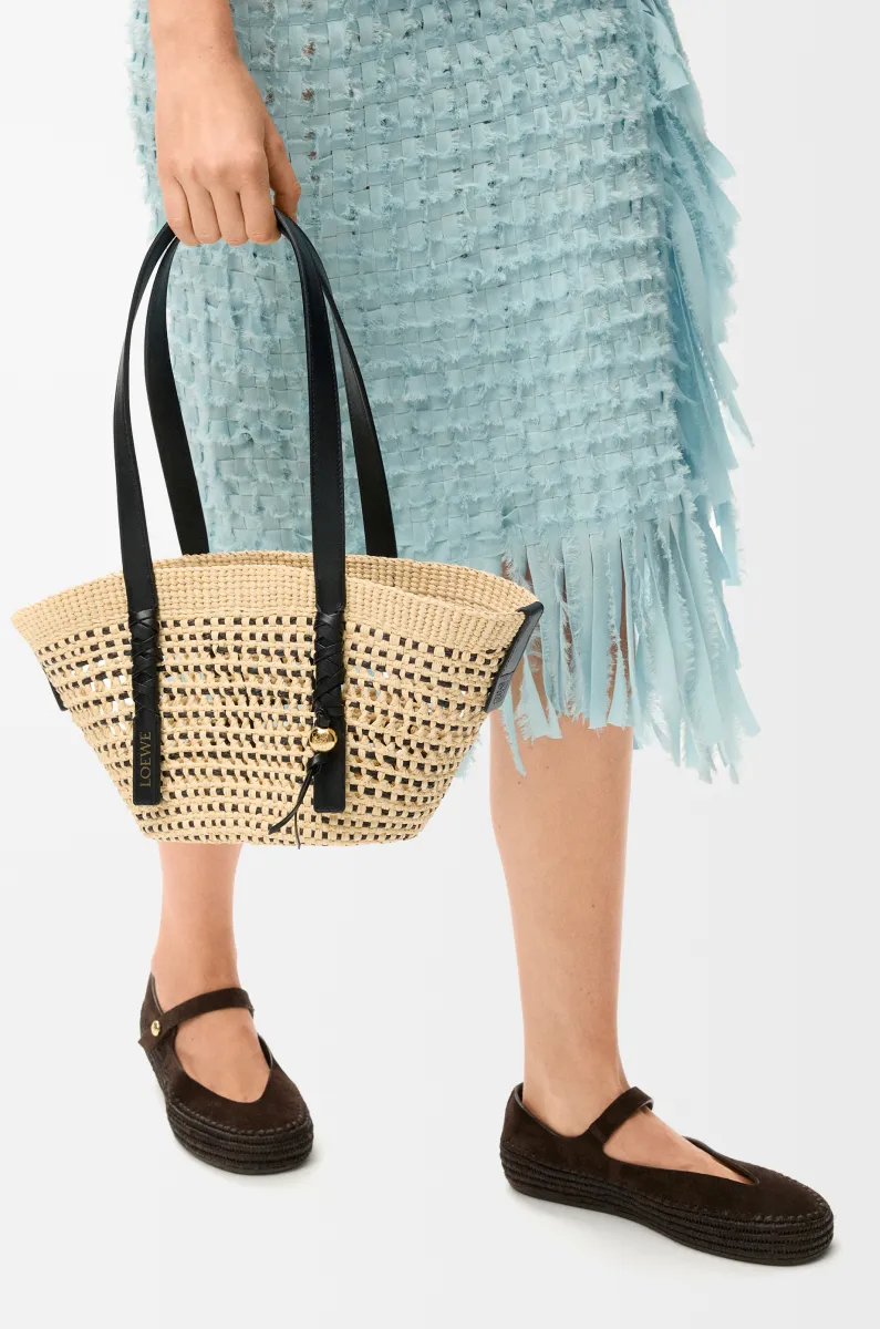 小号伊拉卡棕榈纤维和牛皮革 Braid Basket 手袋