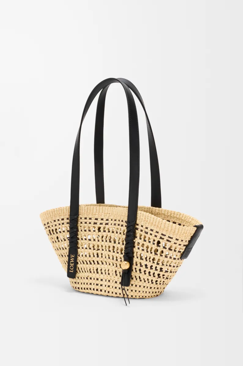 小号伊拉卡棕榈纤维和牛皮革 Braid Basket 手袋