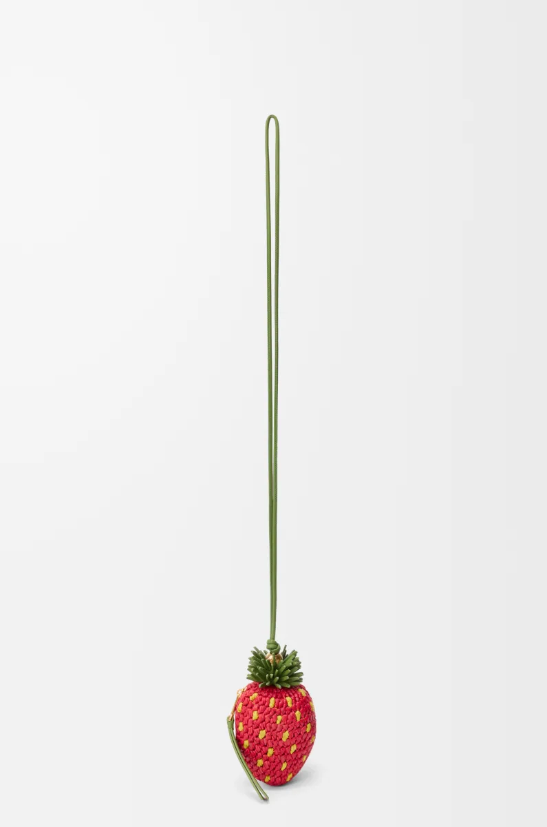 拉菲草和经典牛皮革草莓硬币钱包