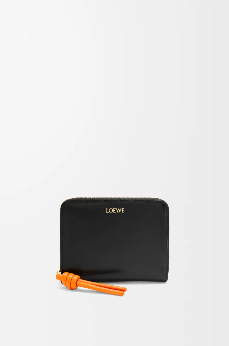 亮面纳帕牛皮革绳结紧凑拉链钱包