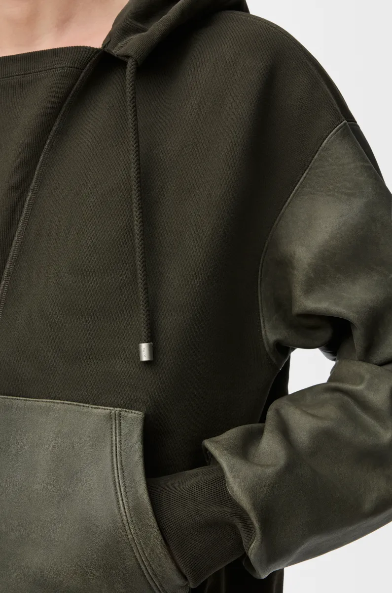 棉质和纳帕羊皮革混搭连帽卫衣