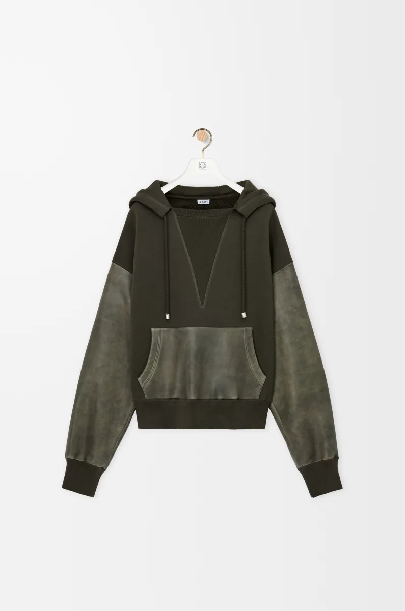 棉质和纳帕羊皮革混搭连帽卫衣