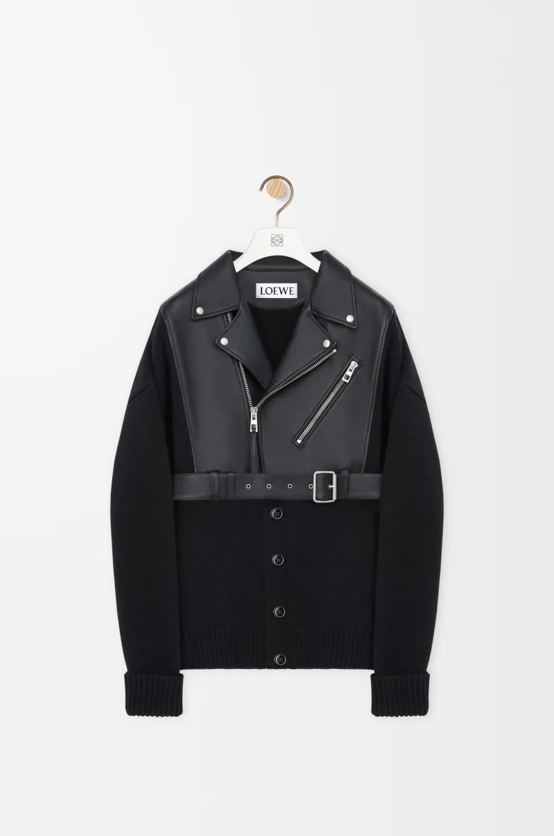 纳帕羊皮革和羊毛混搭开衫