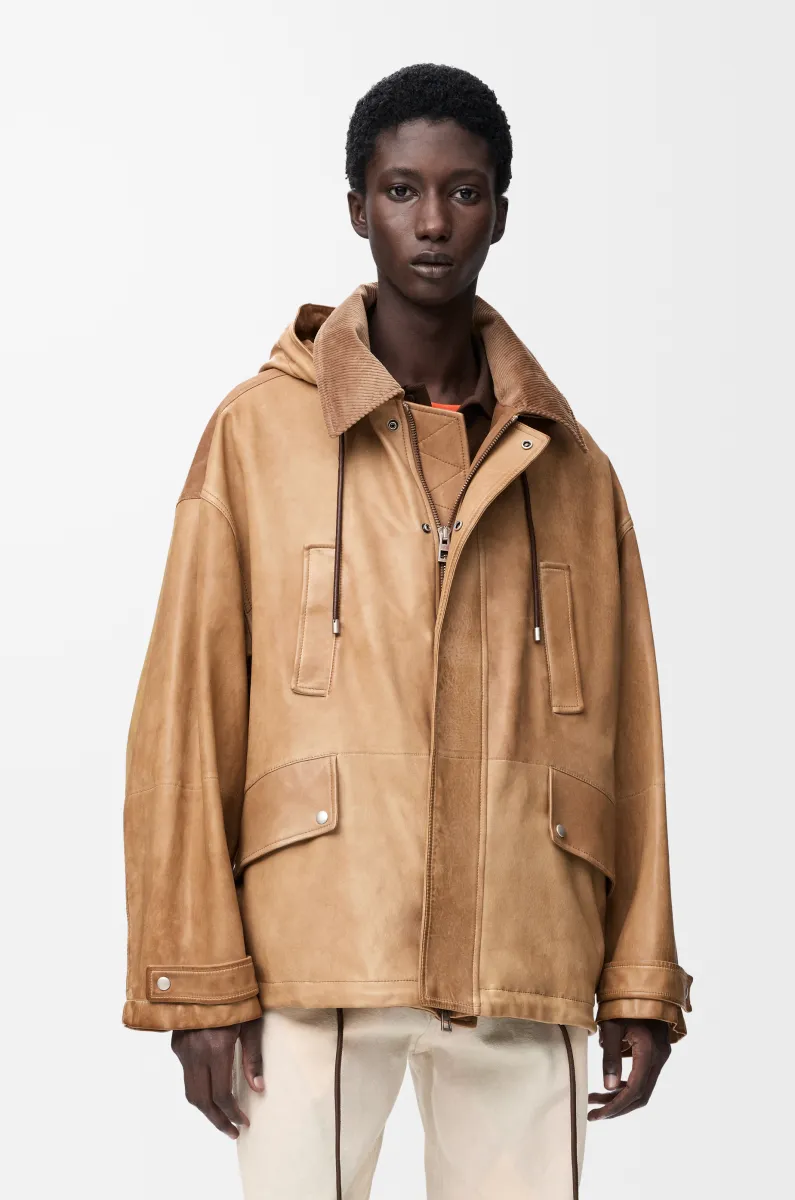 纳帕羊皮革和棉质短款派克大衣