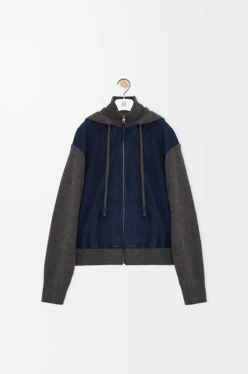 绒面羊皮革和羊毛混纺混搭拉链连帽卫衣