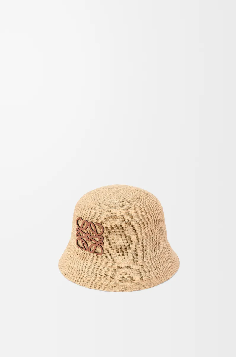 拉菲草和牛皮革水桶帽